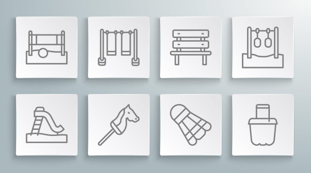 设置线儿童滑梯，双人秋千，玩具马，羽毛球毽子，沙桶，板凳，体操环和排球网与球的图标。向量图片下载