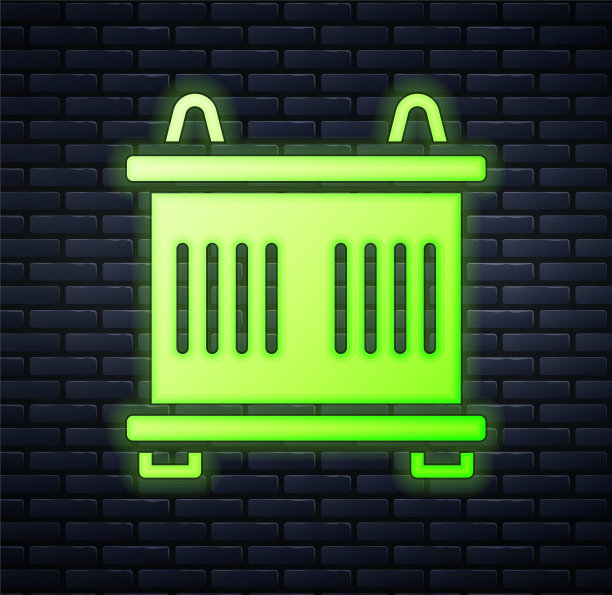 发光的霓虹灯容器图标孤立的砖墙背景。起重机吊起装有货物的集装箱。向量图片下载