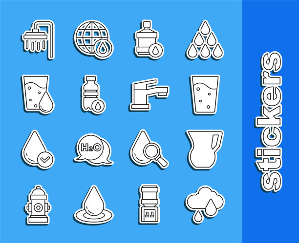 集线云与雨，壶玻璃水，玻璃，大瓶清洁，瓶，淋浴和水龙头图标。向量图片下载