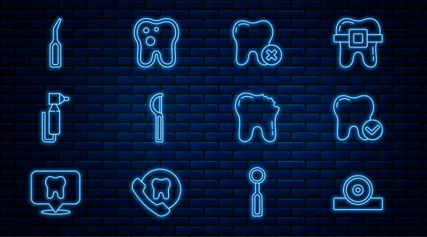 设置线耳鼻喉头部反射器，牙齿美白概念，龋齿，牙线，钻，探索者缩放器，碎牙和图标。向量图片下载