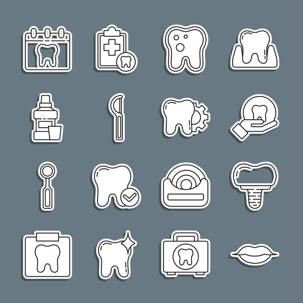 设置线微笑的嘴唇，种植牙，牙齿，龋齿，牙线，漱口瓶，日历牙齿和治疗程序图标。向量图片下载