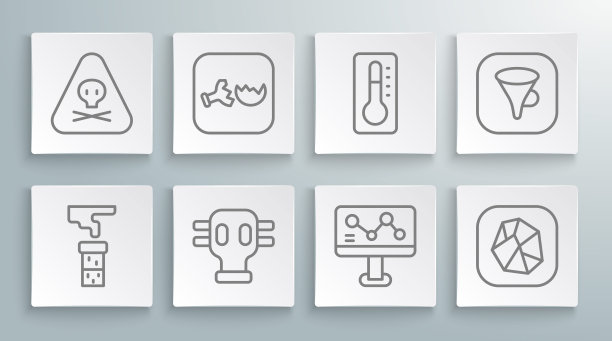 设置线试管和烧瓶，破碎，防毒面具，化学配方，盐石，医疗温度计，漏斗过滤器和三角形警告有毒图标。向量图片下载