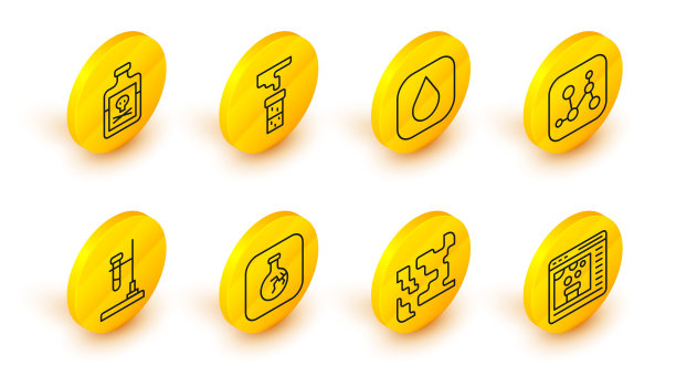 设置在线化学，气体，裂纹烧瓶，试管火，公式，水滴，和毒药瓶图标。向量图片下载