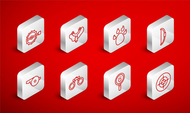 设定线目标运动，弹弓，爪印，弓，搜索，陷阱狩猎，双筒望远镜和哨子图标。向量图片下载