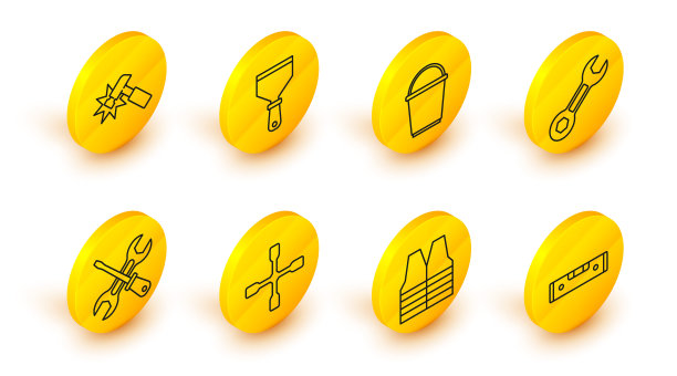 设置线施工气泡水平，安全背心，车轮扳手，螺丝刀和，扳手扳手，桶，油灰刀和锤子图标。向量图片下载