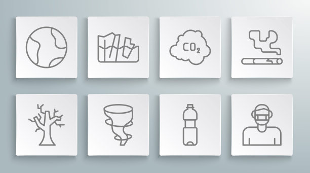 枯萎的树，冰川融化，龙卷风，瓶装水，面罩，二氧化碳排放云，香烟和地球图标。向量图片下载