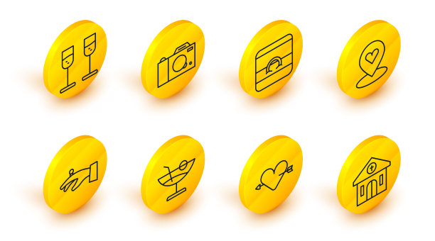 设置线教堂建筑，爱情与心和箭，鸡尾酒，结婚戒指在手，位置，相机和香槟图标的玻璃杯。向量图片下载