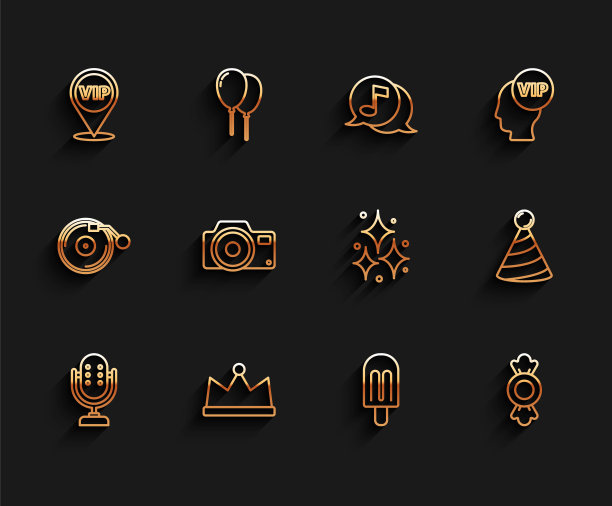 设置线麦克风，皇冠，位置Vip，冰淇淋，糖果，照相机，聚会帽和烟花图标。向量图片下载