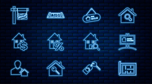 设置线房屋平面图，悬挂标志与开放的房子，待售，百分比，美元，售出，搜索和图标。向量图片下载