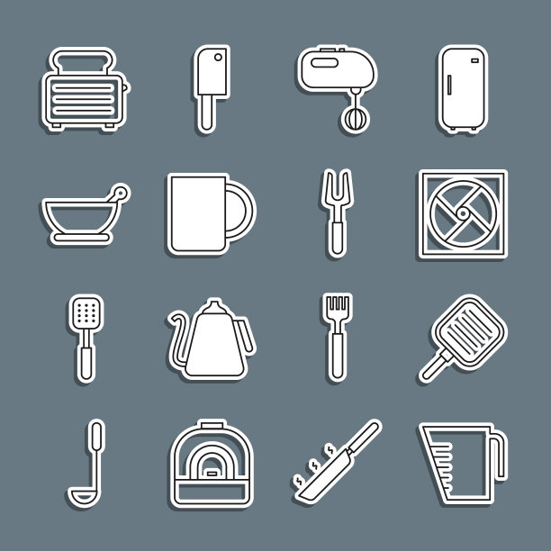 设置线量杯，煎锅，通风，电动搅拌机，咖啡，研钵和杵，烤面包机与烤面包和烧烤叉图标。向量图片下载