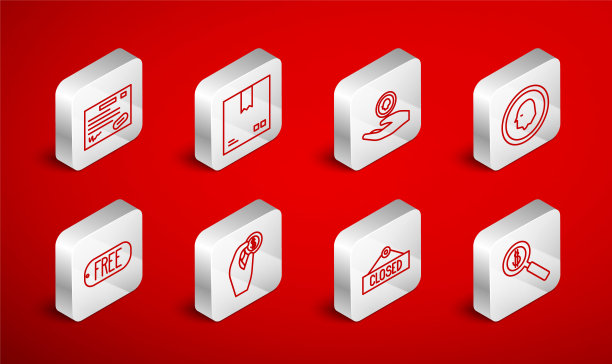 集线放大镜和美元，纸板箱与交通符号，手持硬币钱，硬币，挂标志关闭，保修证书模板，和价格标签文字免费图标。向量图片下载