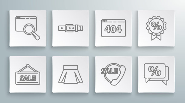 设置线悬挂标志与销售，皮带，裙子，电话24小时支持，折扣百分比标签，页面404错误，和搜索浏览器窗口图标。向量图片下载