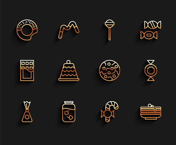 设置线糖果，草莓果酱罐，甜甜圈，圣诞糖果手杖，煎饼，蛋糕，饼干或饼干图标的堆栈。向量图片下载