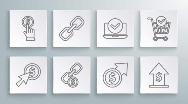 设置线光标和硬币，链环，财务增长，笔记本电脑，购物车与复选标记和手持图标。向量图片下载