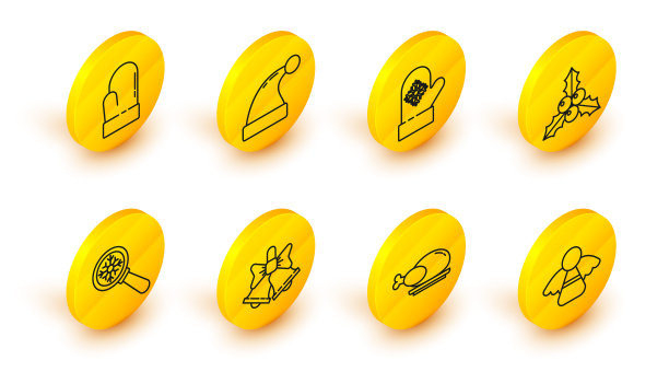 圣诞天使、烤火鸡或鸡肉、欢乐的铃铛、带雪花的放大镜、荚蒾玫瑰枝、连指手套、圣诞老人帽子和图标矢量素材图片下载