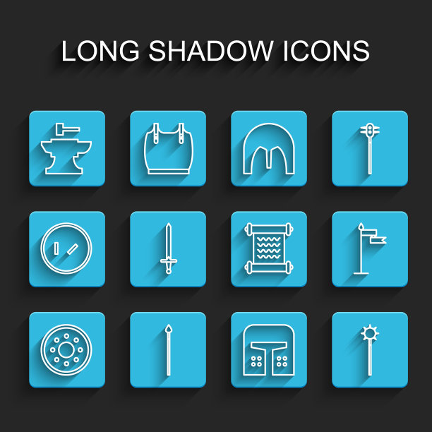 圆形木盾、中世纪矛、铁砧、铁头盔、链枷、剑、旗帜和羊皮卷轴图标矢量素材图片下载