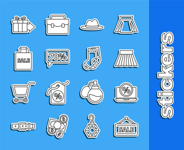 设置线悬挂标志销售，百分之九折扣和笔记本电脑，裙子，男人帽子丝带，70%的标签，购物袋，礼品盒和袜子图标。向量图片下载