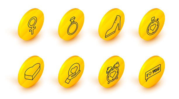 设线言语泡泡里有我爱你，心在中央有闹钟，手在心上，糖果心形盒子，秒表，女人鞋高跟鞋，结婚戒指和女性性别象征图标。向量图片下载