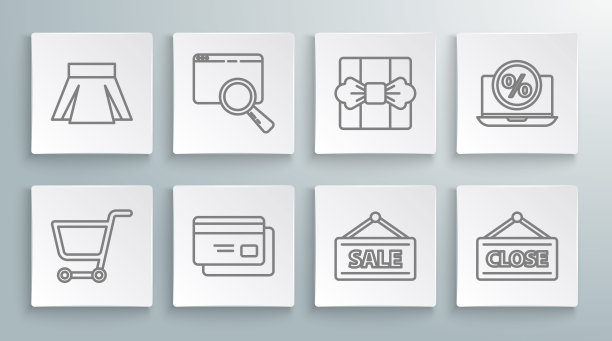 设置线购物车，搜索浏览器窗口，信用卡，悬挂标志与销售，关闭，礼盒，百分比折扣和笔记本电脑和裙子图标。向量图片下载