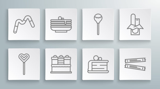 设置线棒棒糖，煎饼，蛋糕，块，糖棒包，巧克力棒和果冻蠕虫糖果图标。向量图片下载