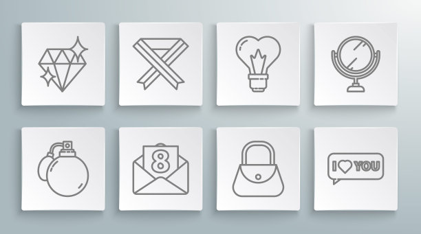 套装香水，乳腺癌意识丝带，3月8日信封，手袋，言语泡泡我爱你，灯泡心形，圆形化妆镜和钻石图标。向量图片下载