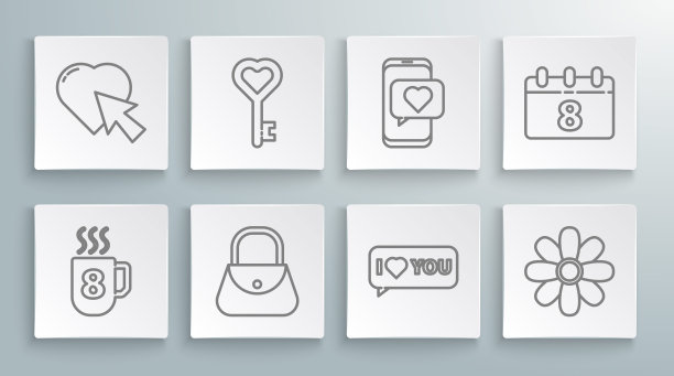 3月8日咖啡杯，心形钥匙，手袋，语音泡泡我爱你，鲜花，在线约会聊天，日历和心形光标点击图标。向量图片下载