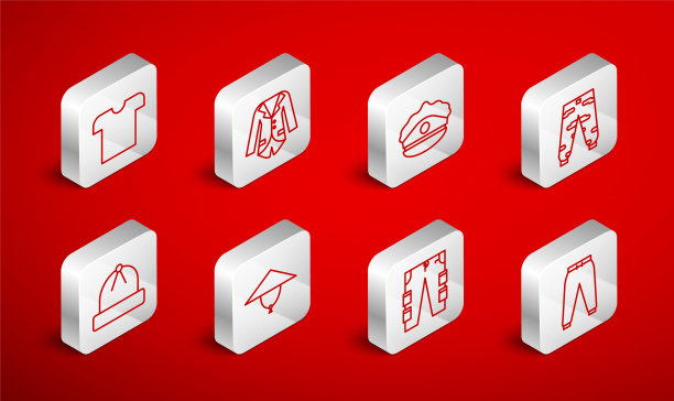 套装线运动裤，运动夹克，警帽与帽檐，迷彩货物，货物，t恤，亚洲锥形帽和冬季图标。向量图片下载