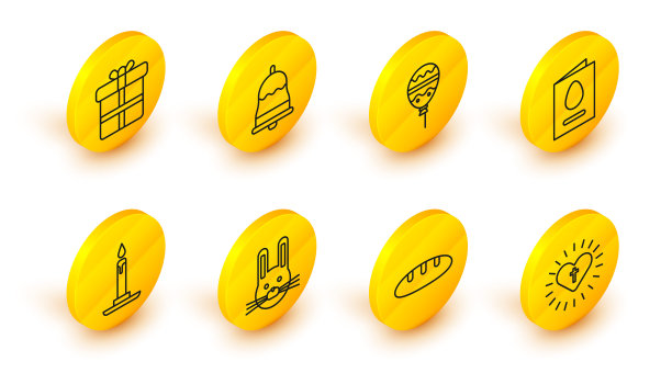 设置线基督教十字架和心脏，面包面包，复活节兔子，燃烧的蜡烛在烛台，贺卡与快乐，气球丝带，响铃和礼盒图标。向量图片下载