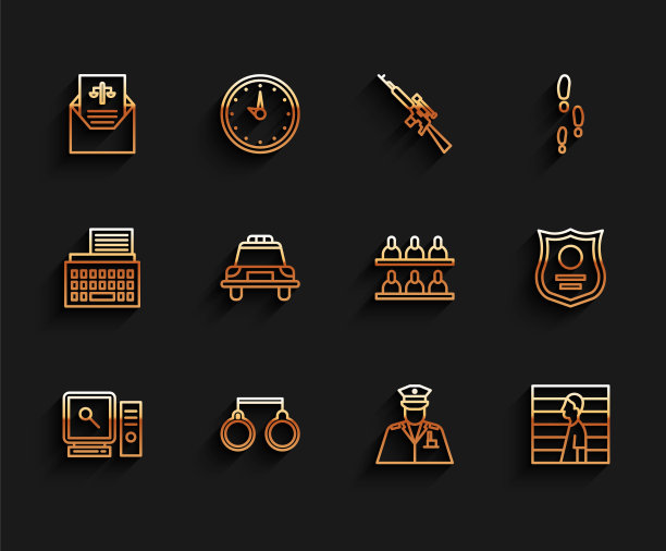 设置线搜索电脑屏幕，手铐，传票，警察，犯罪嫌疑人，汽车闪光灯，徽章和陪审员图标。向量图片下载