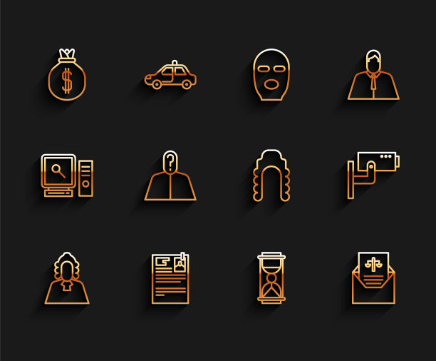 设置线法官，诉讼文件，钱袋，旧沙漏与沙子，传票，匿名问号，安全摄像头和假发图标。向量图片下载