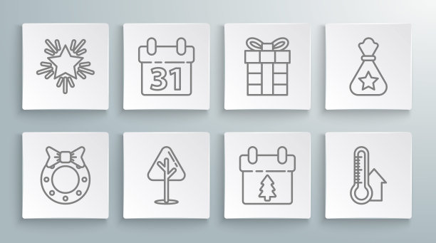 集线圣诞花环，日历，树，气象温度计测量，礼品盒，圣诞老人袋礼品和星星图标。向量图片下载