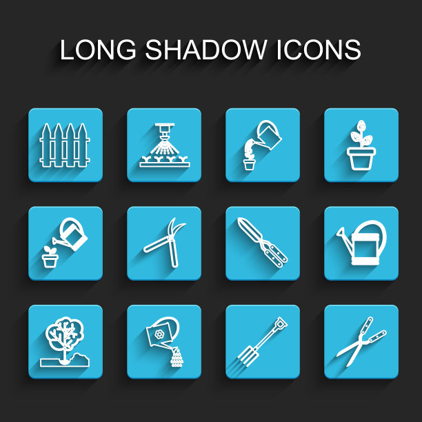 在地上种树，浇水罐，花园栅栏，干草叉，园艺手工剪刀，和图标。向量图片下载