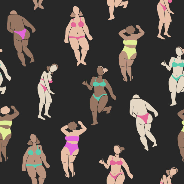 无缝装饰优雅的图案与妇女在泳衣。用于纺织品、墙纸、封面、表面印刷。用于时尚面料。复古的格式化。身体积极概念图片下载