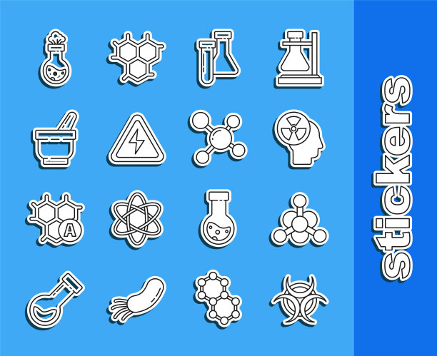 设置线生物危害符号，细菌，人类头部和辐射，试管烧瓶化学，高压标志，研钵杵，和分子图标。向量图片下载