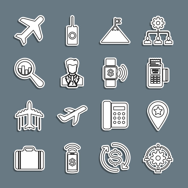 设置线外包概念，星形位置，POS终端，山脉和旗帜，科学家试管，放大镜分析，平面和非接触式支付图标。向量图片下载