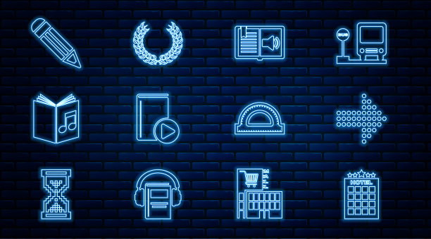 设置线酒店建筑，点箭头，有声书，铅笔，量角器网格和月桂花环图标。向量图片下载