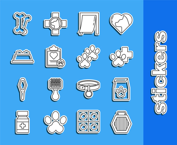 设置线宠物手提箱，宠物食品袋，兽医诊所标志，门，带有医疗临床记录的剪贴板，碗，狗骨和爪印图标。向量图片下载