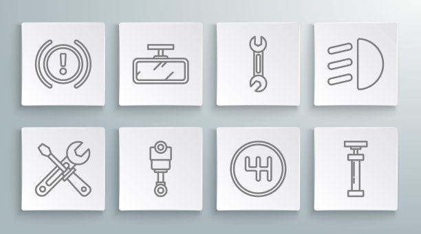设置线螺丝刀和扳手工具，汽车后视镜，发动机活塞，换档器，扳手，远光灯和刹车系统警告图标。向量图片下载