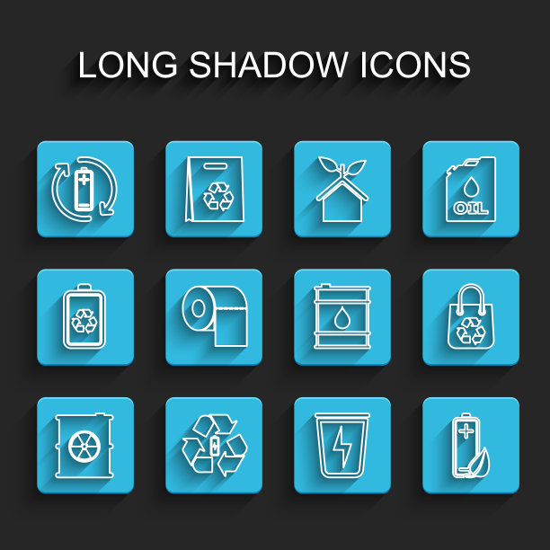 设有放射性废物桶，电池回收，闪电垃圾桶，生态自然叶和电池，卫生纸卷，购物袋和油图标。向量图片下载