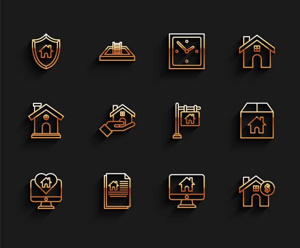设置线监视器与房子心形，房屋合同，盾牌，电脑显示器智能家居，美元符号，房地产经纪人，纸箱和悬挂标志文字销售图标。向量图片下载