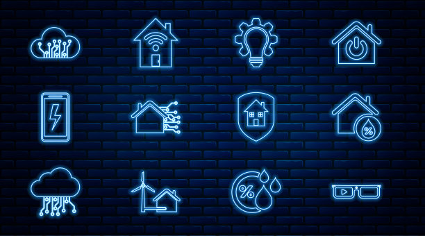 智能眼镜，室内湿度，灯泡和齿轮，家庭，移动充电电池，物联网，保护和wi-fi图标。向量图片下载