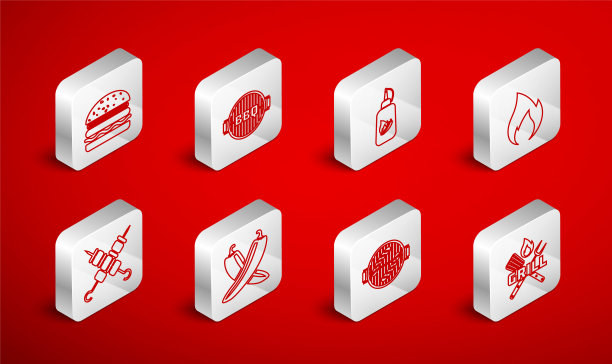 十字叉和抹刀，烧烤架，番茄酱瓶，火焰，香肠，汉堡，辣椒荚和烤羊肉串图标。向量图片下载