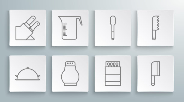 设置线覆盖着一盘食物，量杯，盐和胡椒，打开火柴盒火柴，肉斩，勺子，面包刀和刀图标。向量图片下载