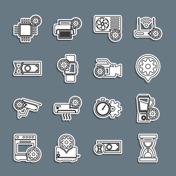 设置线旧沙漏与沙子，搅拌机碗设置，设置，空调，智能手表，快速支付，处理器和摄像头图标。向量图片下载