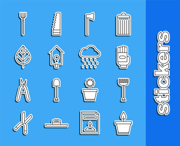 设置线盆栽，花园耙，手套，木斧，复古墙手表，叶子，干草叉和云与雨的图标。向量图片下载