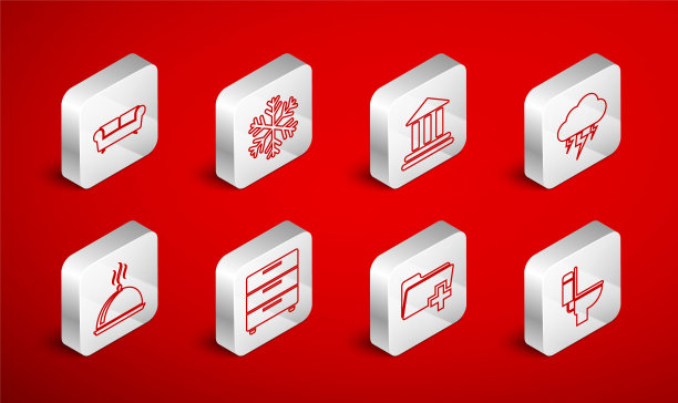 设置线马桶，雪花，银行大楼，风暴，添加新的文件夹，沙发，家具床头柜和覆盖托盘食品图标。向量图片下载