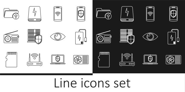 设置线路空调，移动电源，无线智能手机，服务器屏蔽，收音机，下载箭头文件夹，眼睛和图标。向量图片下载