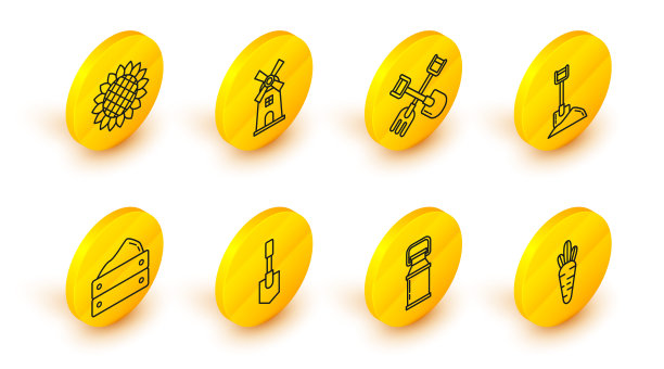 设置线胡萝卜，牛奶罐容器，铲子，木箱与收获，地面，耙子，风车和向日葵图标。向量图片下载