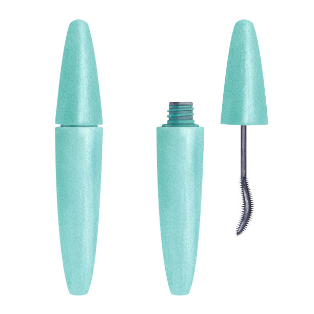 水彩美容时尚睫毛膏在白色背景上的绿松石色插图。适合明信片。手绘图片下载