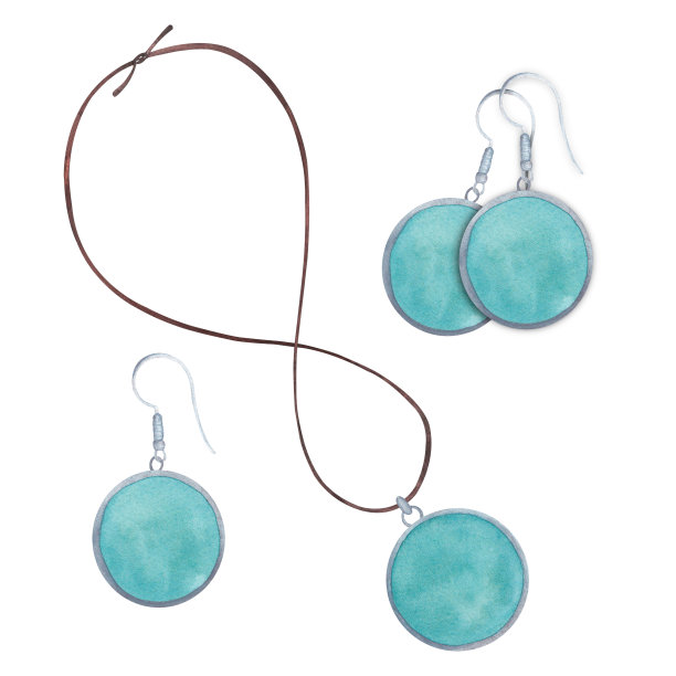 一套美丽时尚水彩插图与绿松石耳环和白色背景上的银吊坠。适合明信片。手绘图片下载